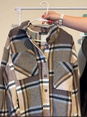 Women’s Plaid Button-Up Shacked Jacket - Brown & Cream